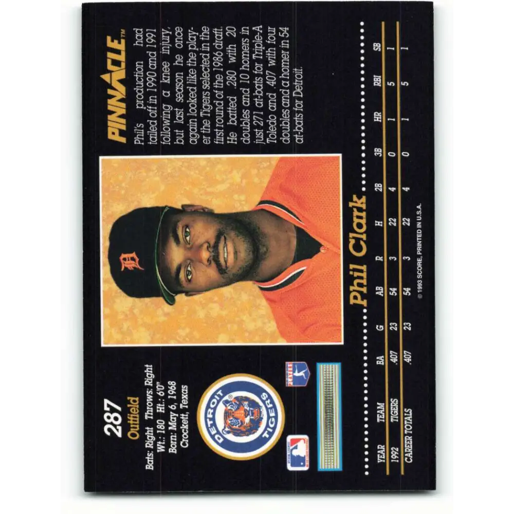 1993 Pinnacle #287 Phil Clark NM-MT Detroit Tigers Baseball Card Image 2