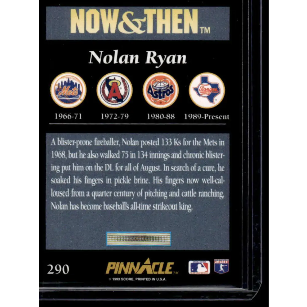 1993 Pinnacle #290 Nolan Ryan Texas Rangers / New York Mets NM-MT Baseball Card Image 2