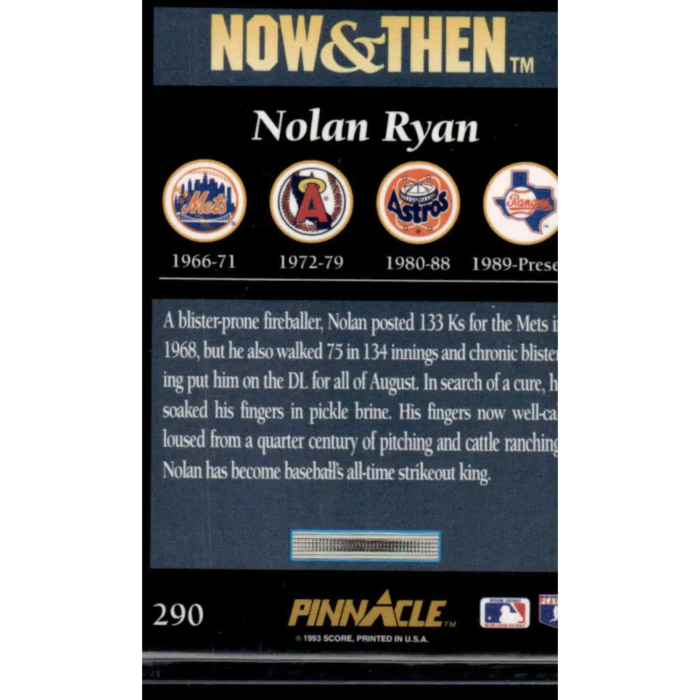 1993 Pinnacle #290 Nolan Ryan Texas Rangers / New York Mets NM-MT Baseball Card Image 2