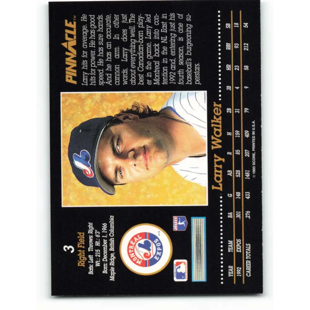 1993 Pinnacle #3 Larry Walker NM-MT Montreal Expos Baseball Card Image 2