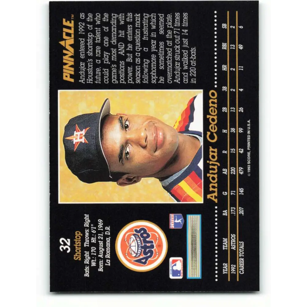 1993 Pinnacle #32 Andujar Cedeno NM-MT Houston Astros Baseball Card Image 2
