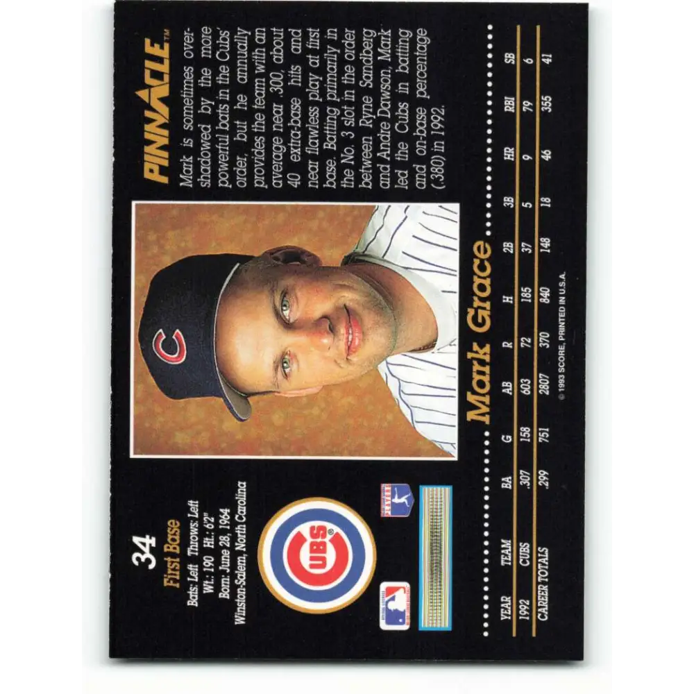 1993 Pinnacle #34 Mark Grace NM-MT Chicago Cubs Baseball Card Image 2