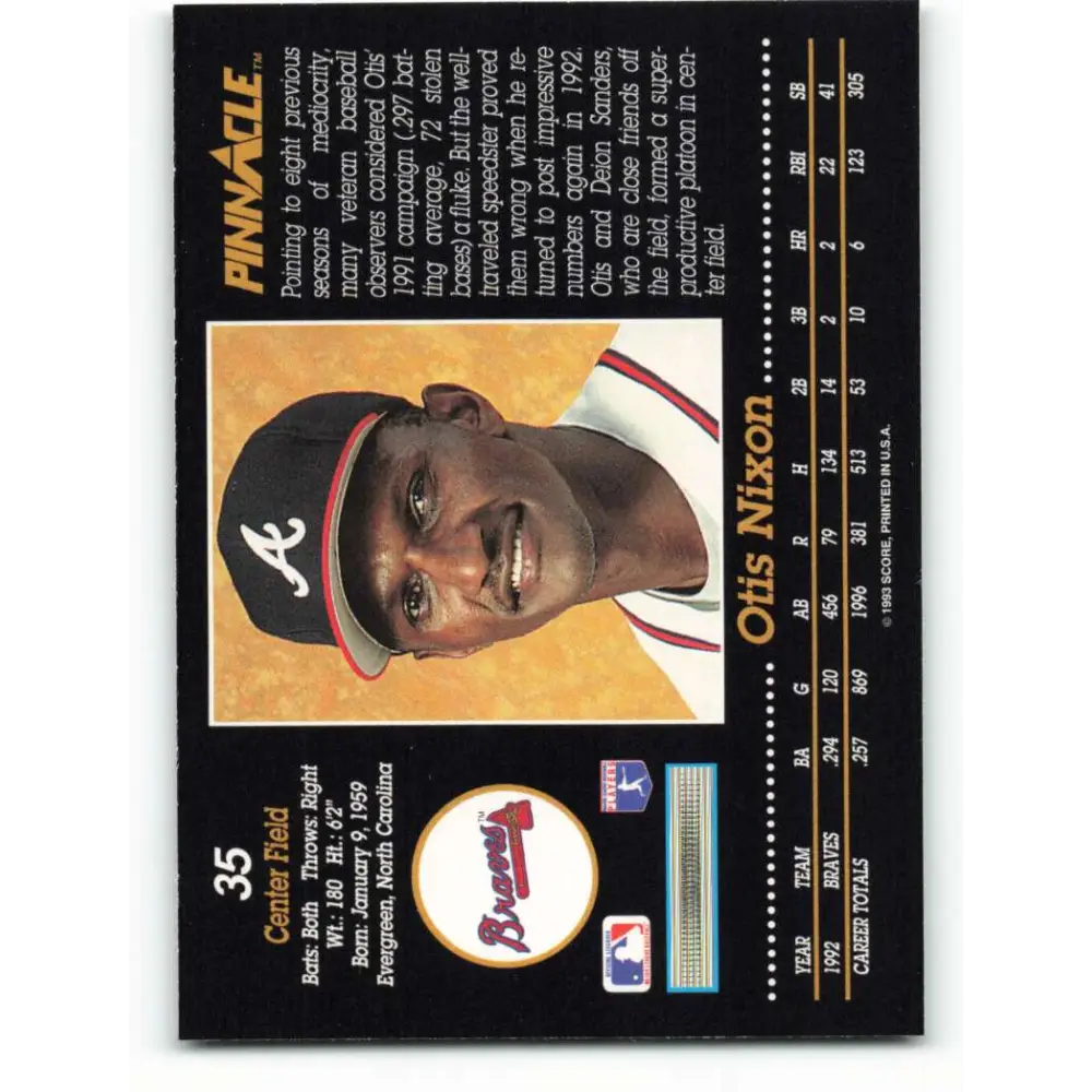 1993 Pinnacle #35 Otis Nixon NM-MT Atlanta Braves Baseball Card Image 2
