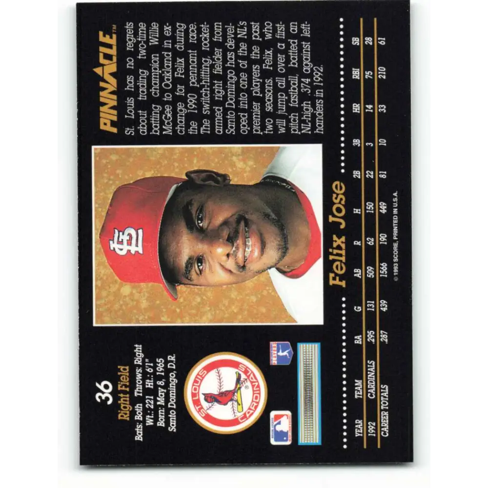 1993 Pinnacle #36 Felix Jose NM-MT St. Louis Cardinals Baseball Card Image 2