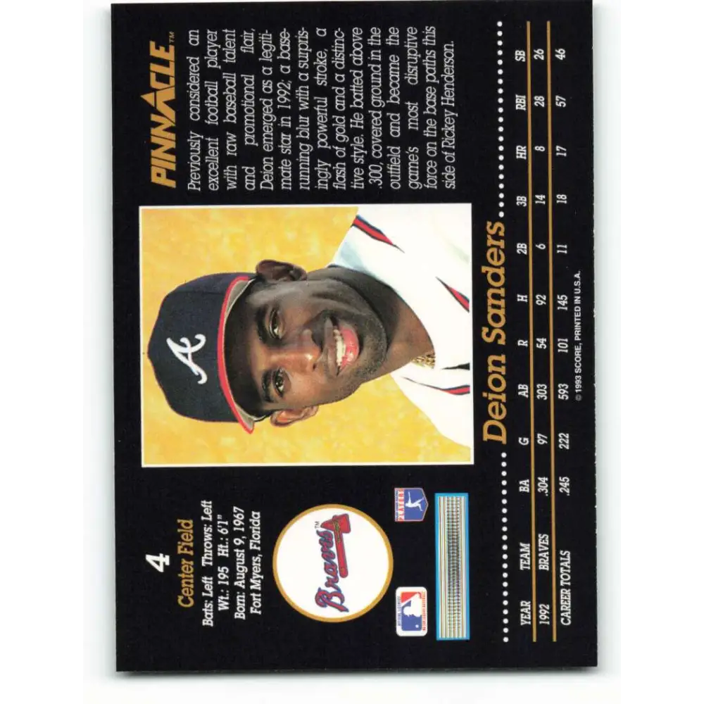 1993 Pinnacle #4 Deion Sanders NM-MT Atlanta Braves Baseball Card Image 2