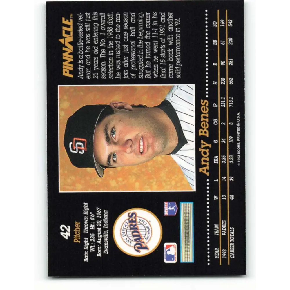 1993 Pinnacle #42 Andy Benes NM-MT San Diego Padres Baseball Card Image 2