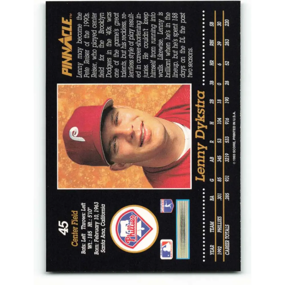 1993 Pinnacle #45 Lenny Dykstra NM-MT Philadelphia Phillies Baseball Card Image 2