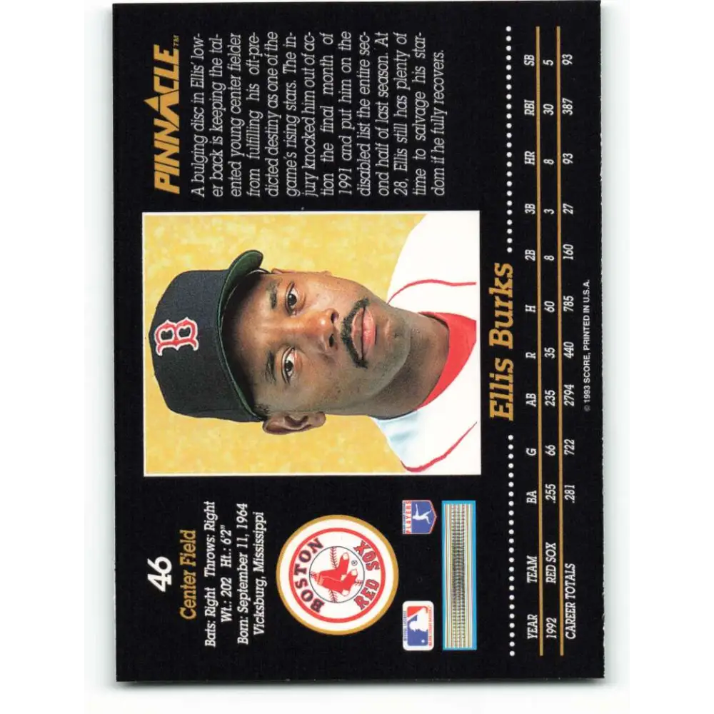 1993 Pinnacle #46 Ellis Burks NM-MT Boston Red Sox Baseball Card Image 2