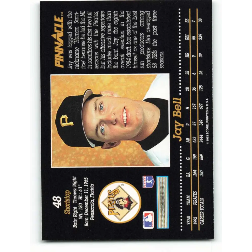 1993 Pinnacle #48 Jay Bell NM-MT Pittsburgh Pirates Baseball Card Image 2