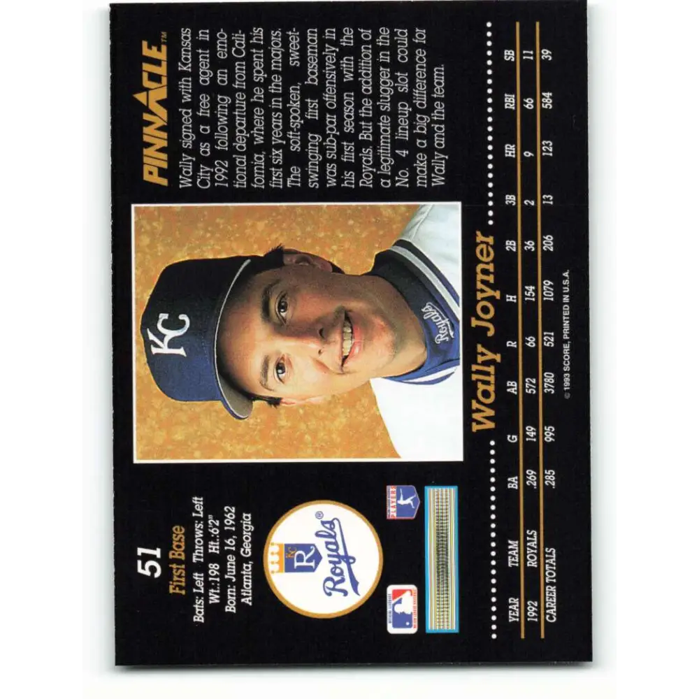 1993 Pinnacle #51 Wally Joyner NM-MT Kansas City Royals Baseball Card Image 2