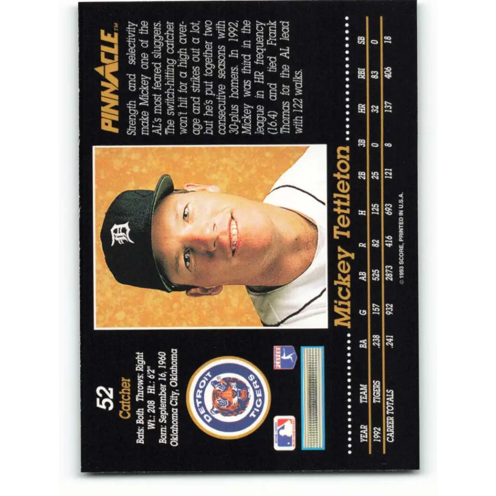1993 Pinnacle #52 Mickey Tettleton NM-MT Detroit Tigers Baseball Card Image 2