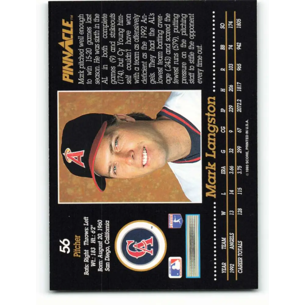 1993 Pinnacle #56 Mark Langston NM-MT California Angels Baseball Card Image 2