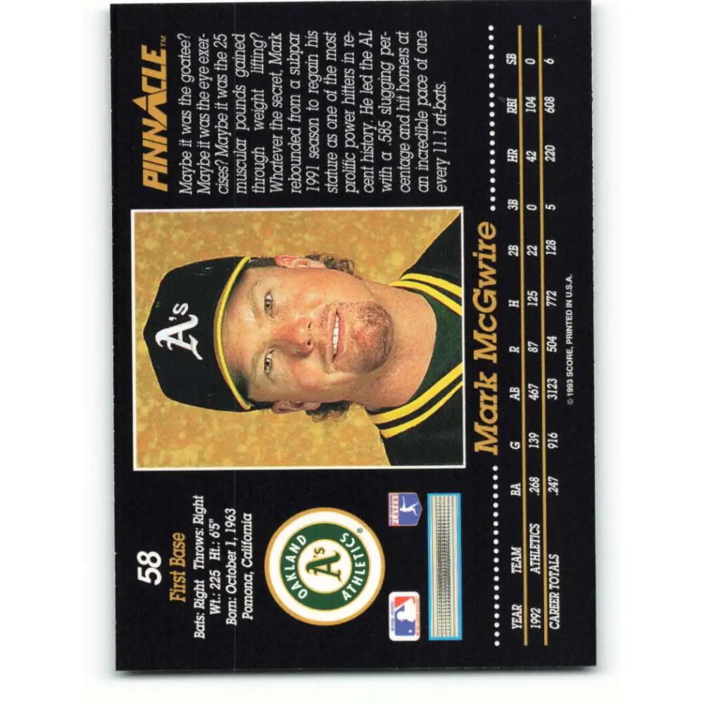 1993 Pinnacle #58 Mark McGwire NM-MT Oakland Athletics Baseball Card Image 2