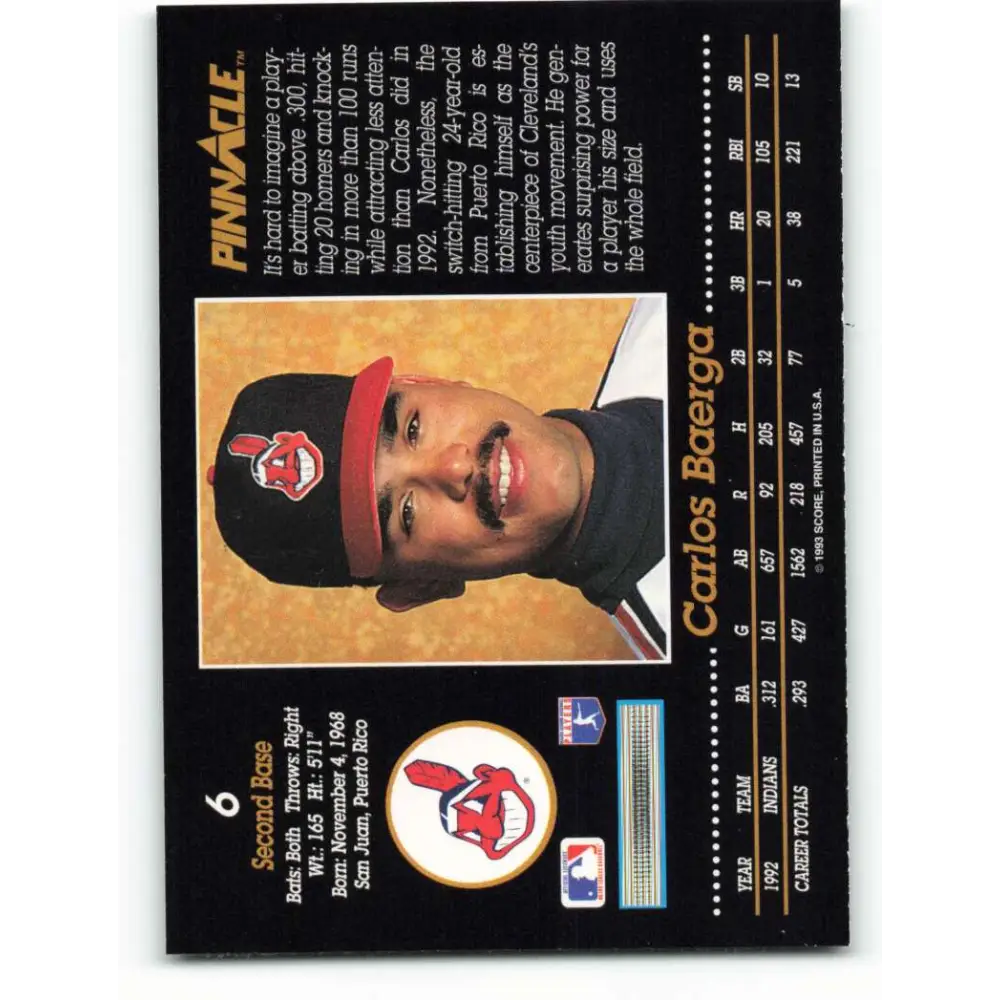 1993 Pinnacle #6 Carlos Baerga NM-MT Cleveland Indians Baseball Card Image 2