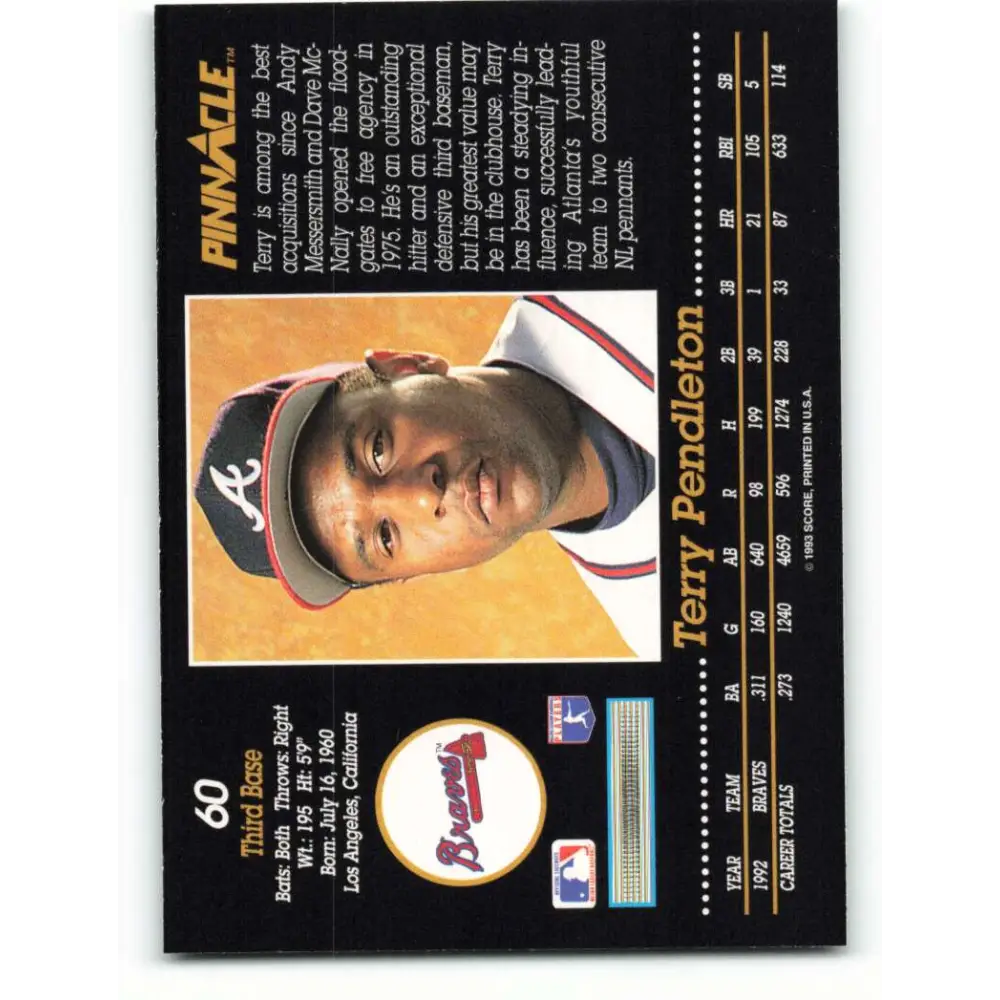 1993 Pinnacle #60 Terry Pendleton NM-MT Atlanta Braves Baseball Card Image 2
