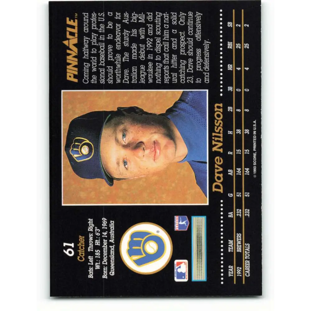 1993 Pinnacle #61 Dave Nilsson NM-MT Milwaukee Brewers Baseball Card Image 2