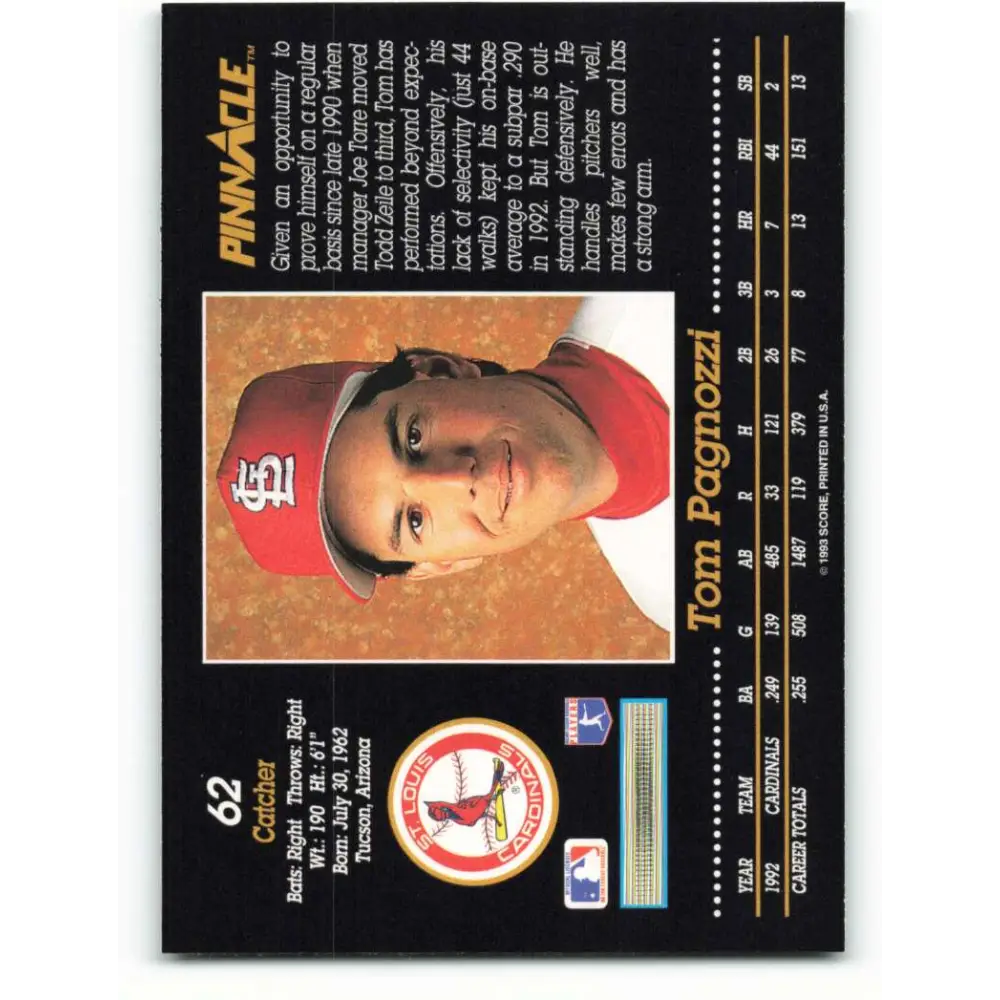 1993 Pinnacle #62 Tom Pagnozzi NM-MT St. Louis Cardinals Baseball Card Image 2
