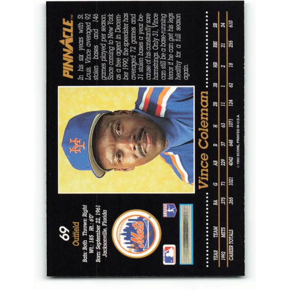 1993 Pinnacle #69 Vince Coleman NM-MT New York Mets Baseball Card Image 2