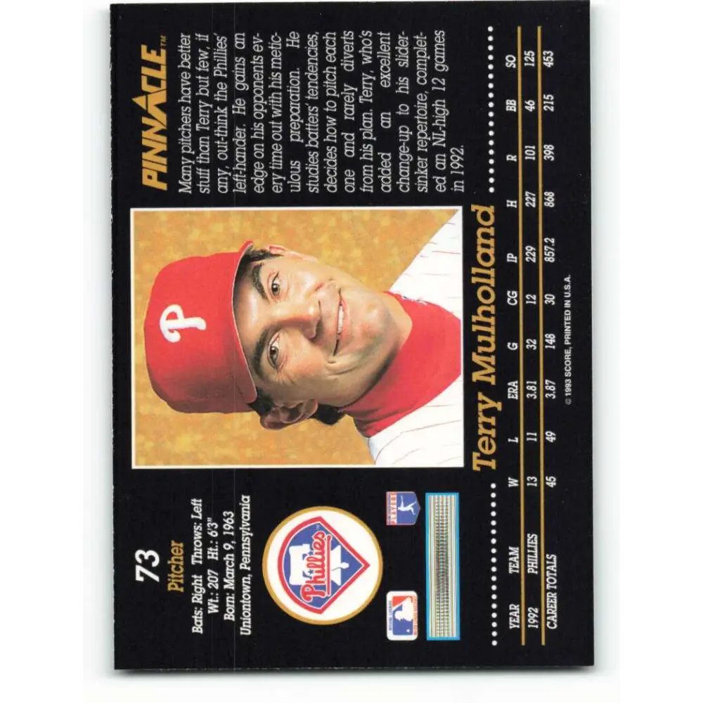 1993 Pinnacle #73 Terry Mulholland NM-MT Philadelphia Phillies Baseball Card Image 2