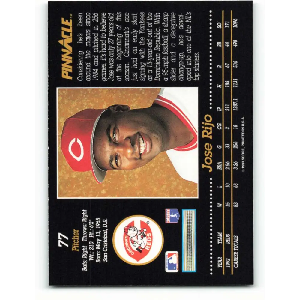 1993 Pinnacle #77 Jose Rijo NM-MT Cincinnati Reds Baseball Card Image 2