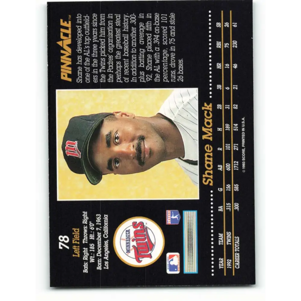 1993 Pinnacle #78 Shane Mack NM-MT Minnesota Twins Baseball Card Image 2