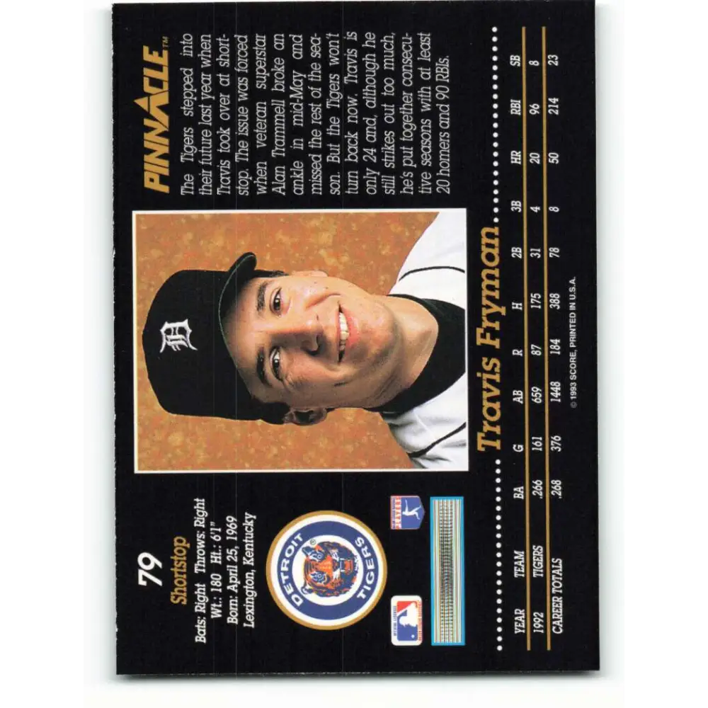 1993 Pinnacle #79 Travis Fryman NM-MT Detroit Tigers Baseball Card Image 2