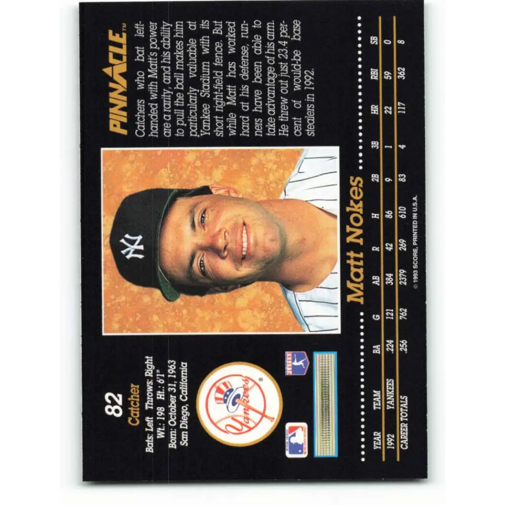 1993 Pinnacle #82 Matt Nokes NM-MT New York Yankees Baseball Card Image 2