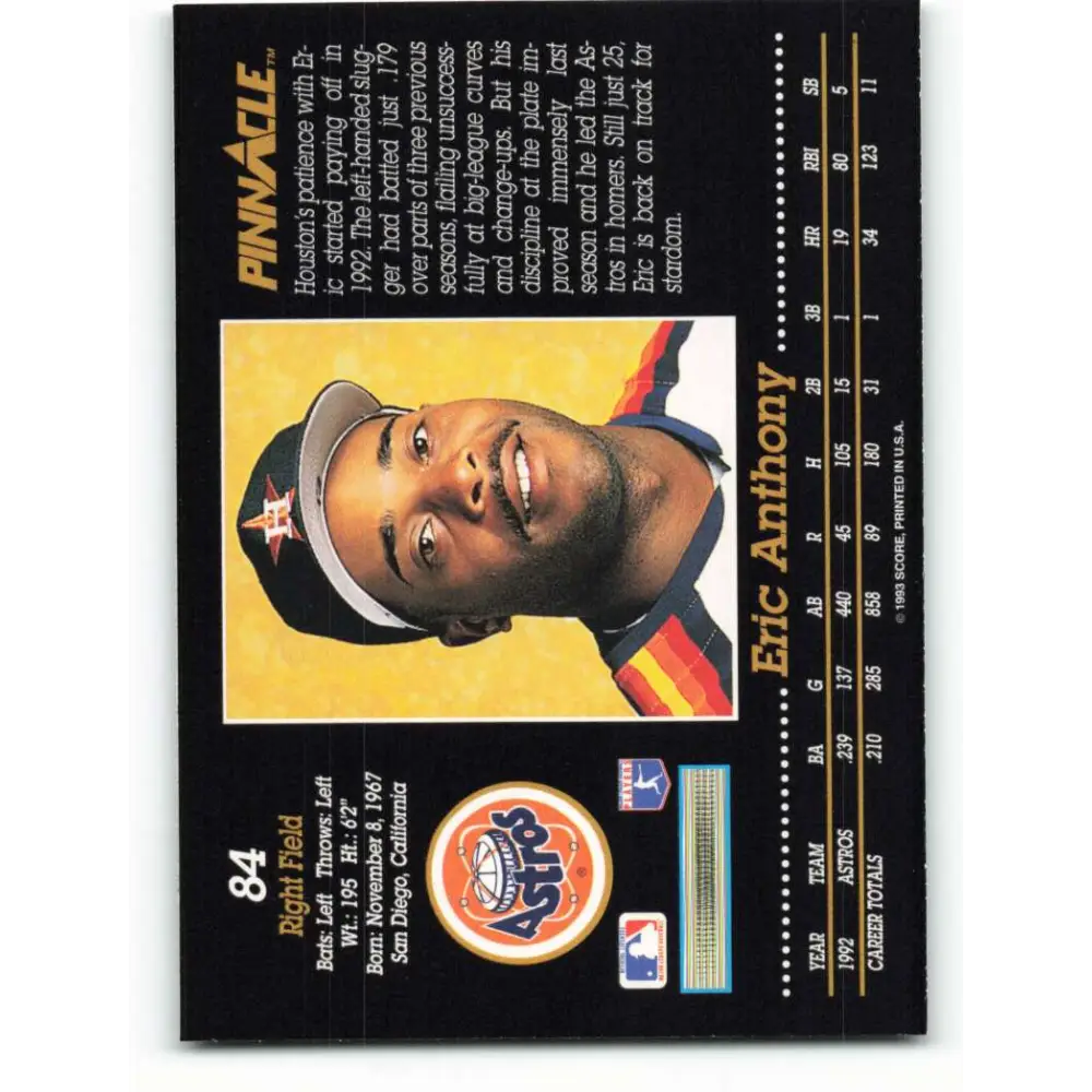 1993 Pinnacle #84 Eric Anthony NM-MT Houston Astros Baseball Card Image 2