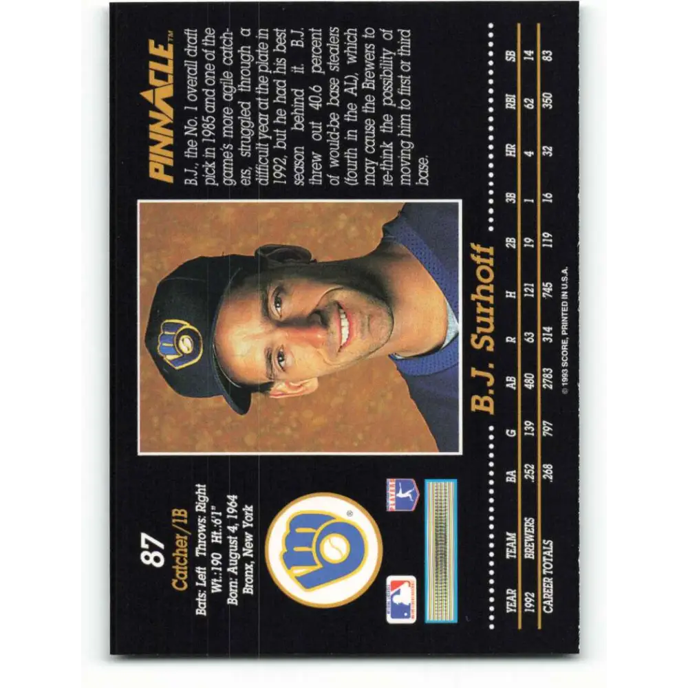 1993 Pinnacle #87 B.J. Surhoff NM-MT Milwaukee Brewers Baseball Card Image 2