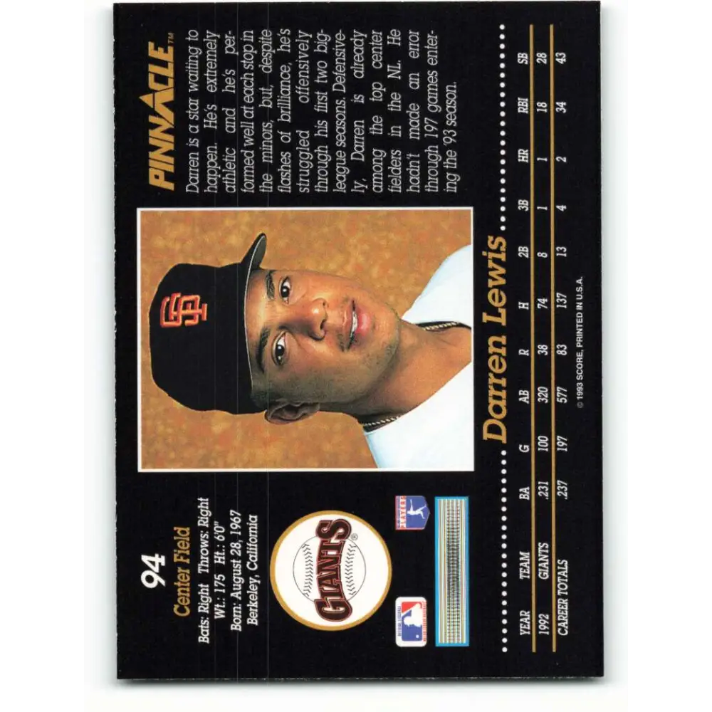 1993 Pinnacle #94 Darren Lewis NM-MT San Francisco Giants Baseball Card Image 2