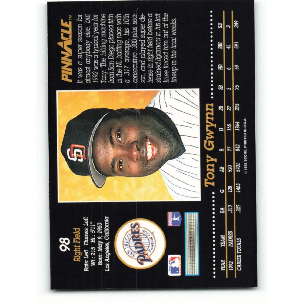 1993 Pinnacle #98 Tony Gwynn NM-MT San Diego Padres Baseball Card Image 2
