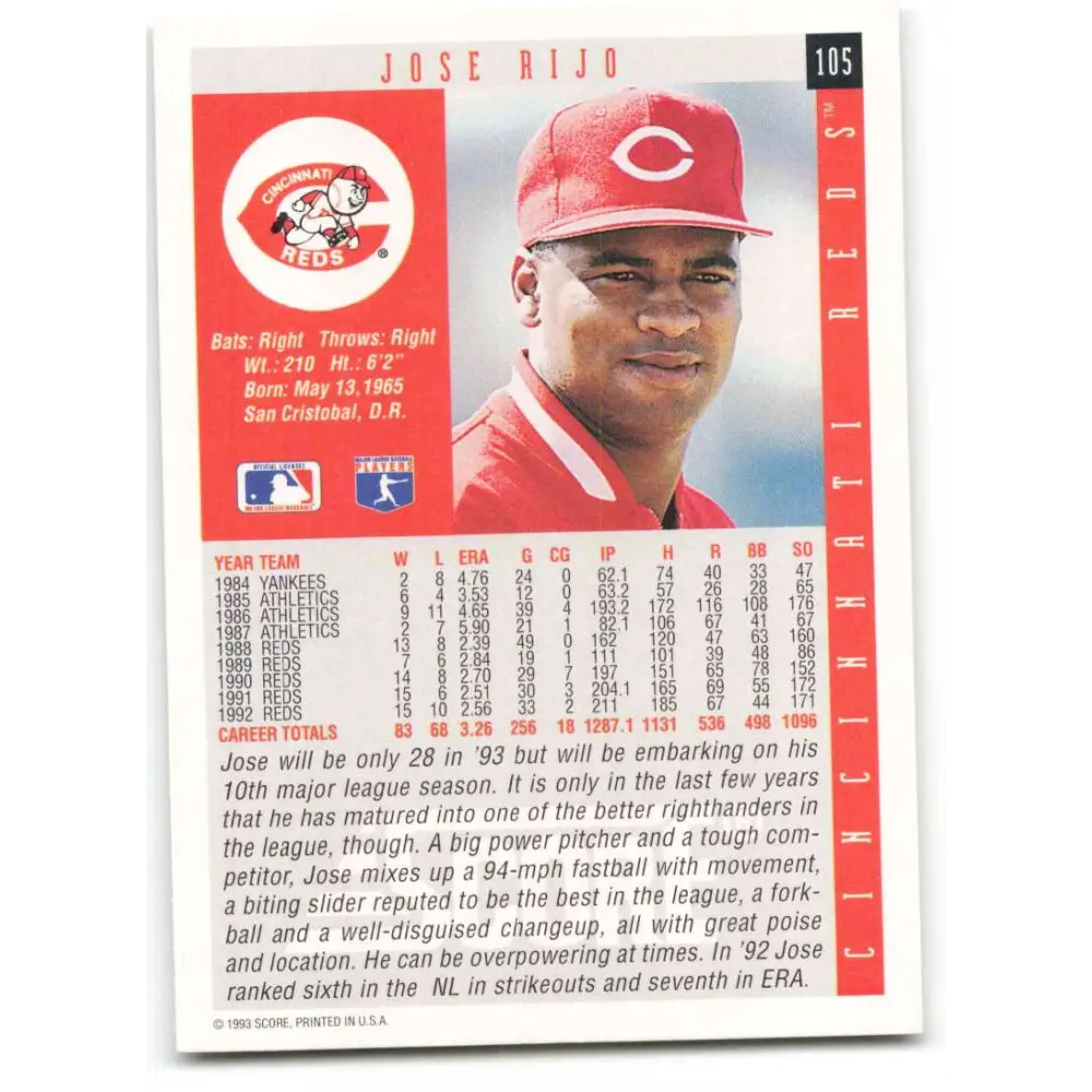 1993 Score #105 Jose Rijo NM-MT Cincinnati Reds Baseball Card Image 2