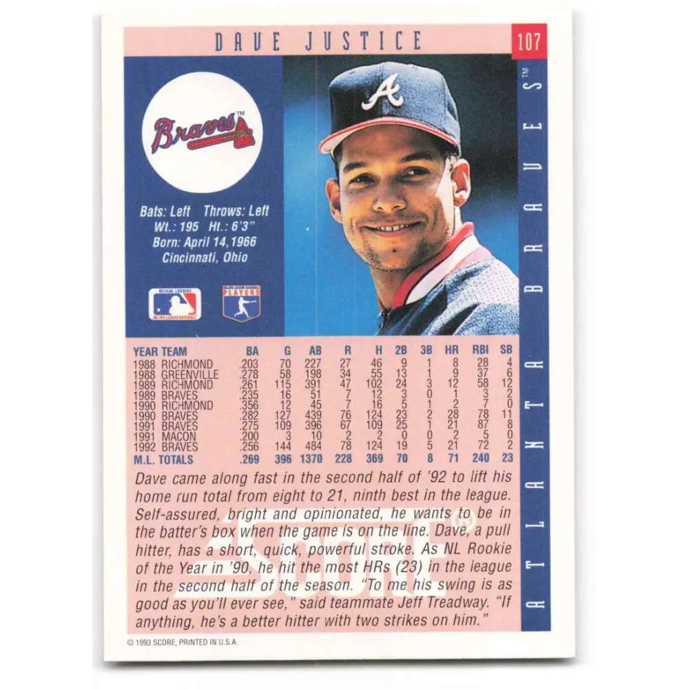 1993 Score #107 David Justice NM-MT Atlanta Braves Baseball Card Image 2