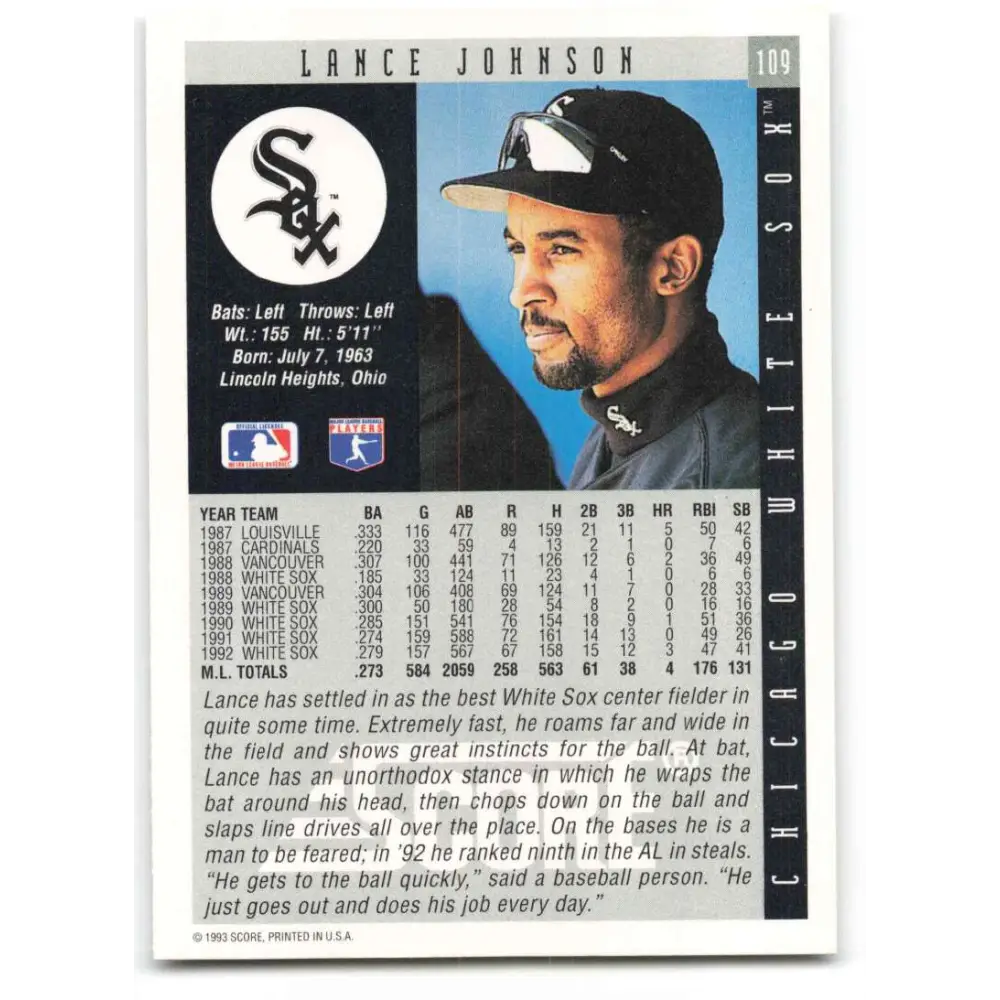 1993 Score #109 Lance Johnson NM-MT Chicago White Sox Baseball Card Image 2