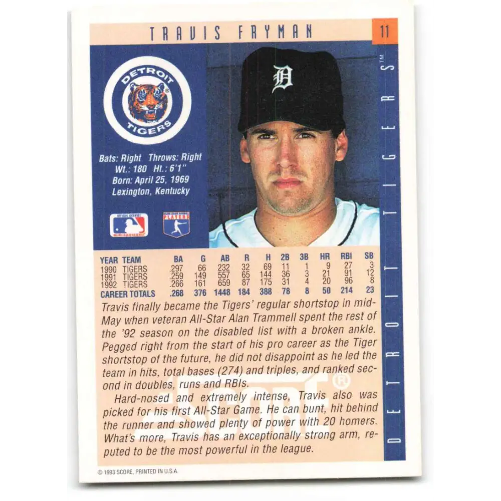 1993 Score #11 Travis Fryman NM-MT Detroit Tigers Baseball Card Image 2