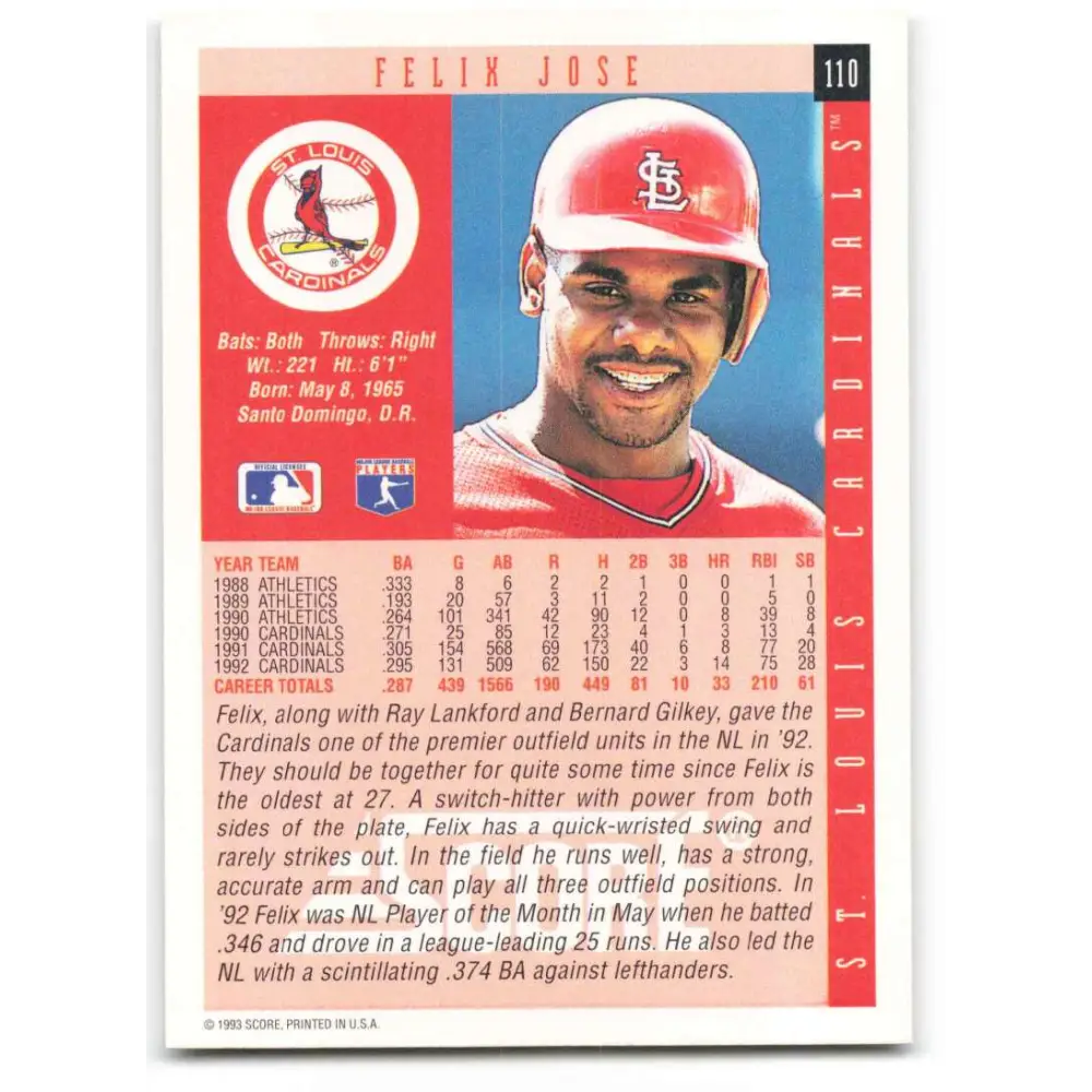 1993 Score #110 Felix Jose NM-MT St. Louis Cardinals Baseball Card Image 2