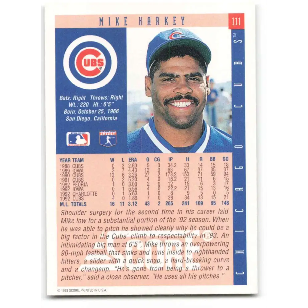 1993 Score #111 Mike Harkey NM-MT Chicago Cubs Baseball Card Image 2