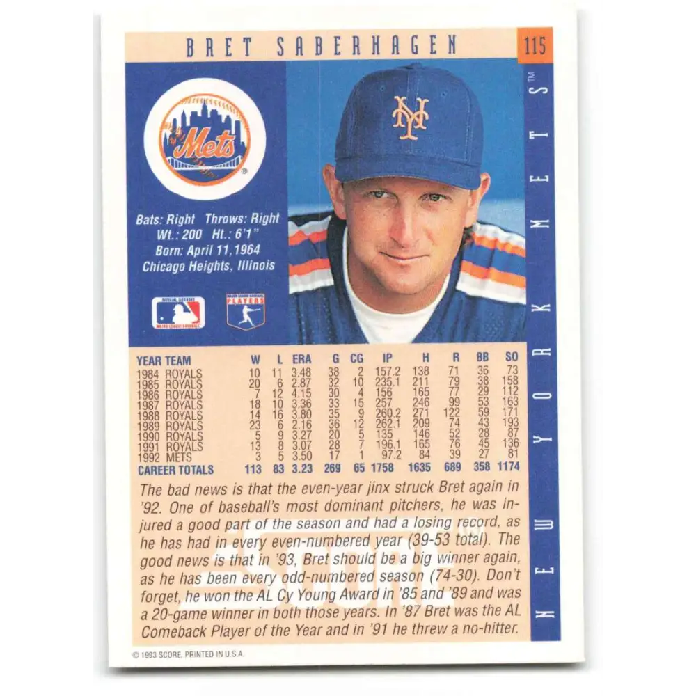 1993 Score #115 Bret Saberhagen NM-MT New York Mets Baseball Card Image 2