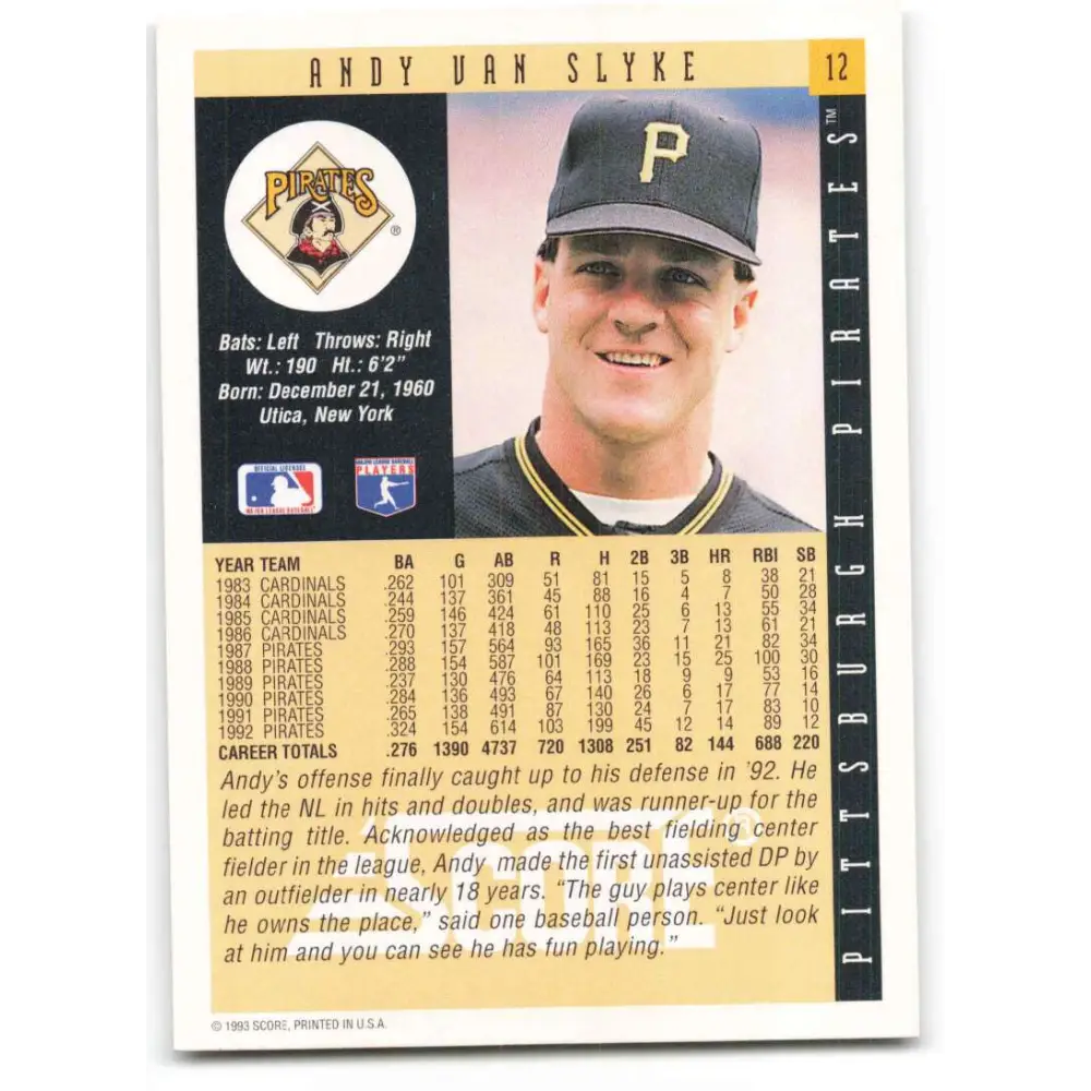 1993 Score #12 Andy Van Slyke NM-MT Pittsburgh Pirates Baseball Card Image 2