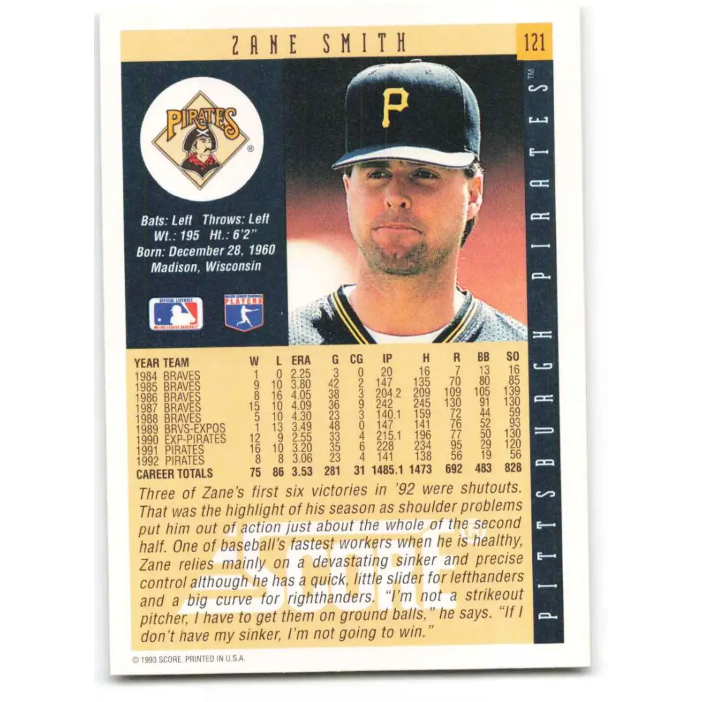 1993 Score #121 Zane Smith NM-MT Pittsburgh Pirates Baseball Card Image 2