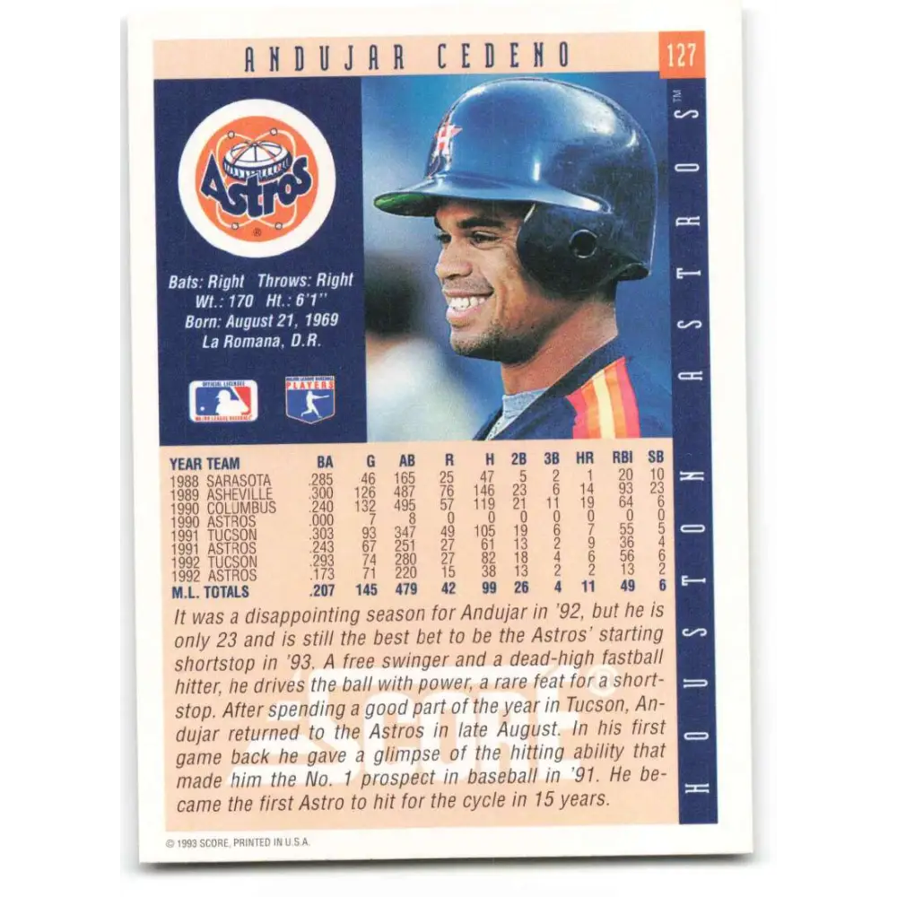 1993 Score #127 Andujar Cedeno NM-MT Houston Astros Baseball Card Image 2
