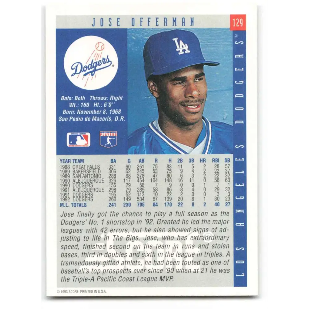 1993 Score #129 Jose Offerman NM-MT Los Angeles Dodgers Baseball Card Image 2