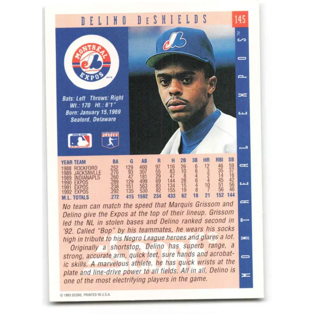 1993 Score #145 Delino DeShields NM-MT Montreal Expos Baseball Card Image 2