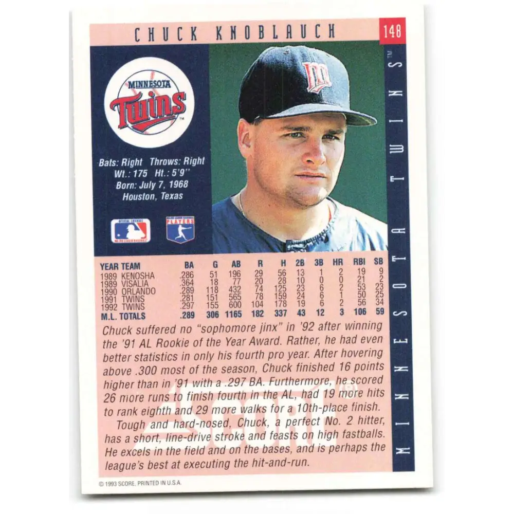 1993 Score #148 Chuck Knoblauch NM-MT Minnesota Twins Baseball Card Image 2