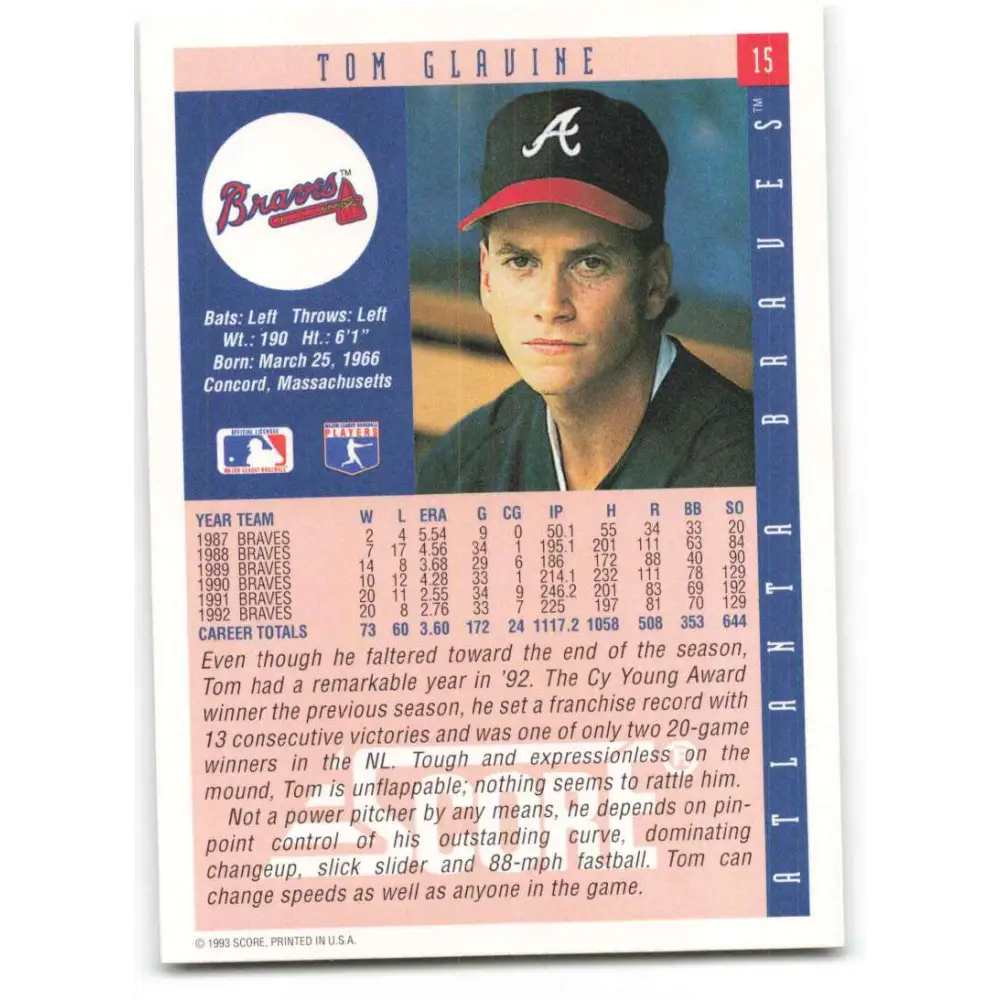 1993 Score #15 Tom Glavine NM-MT Atlanta Braves Baseball Card Image 2