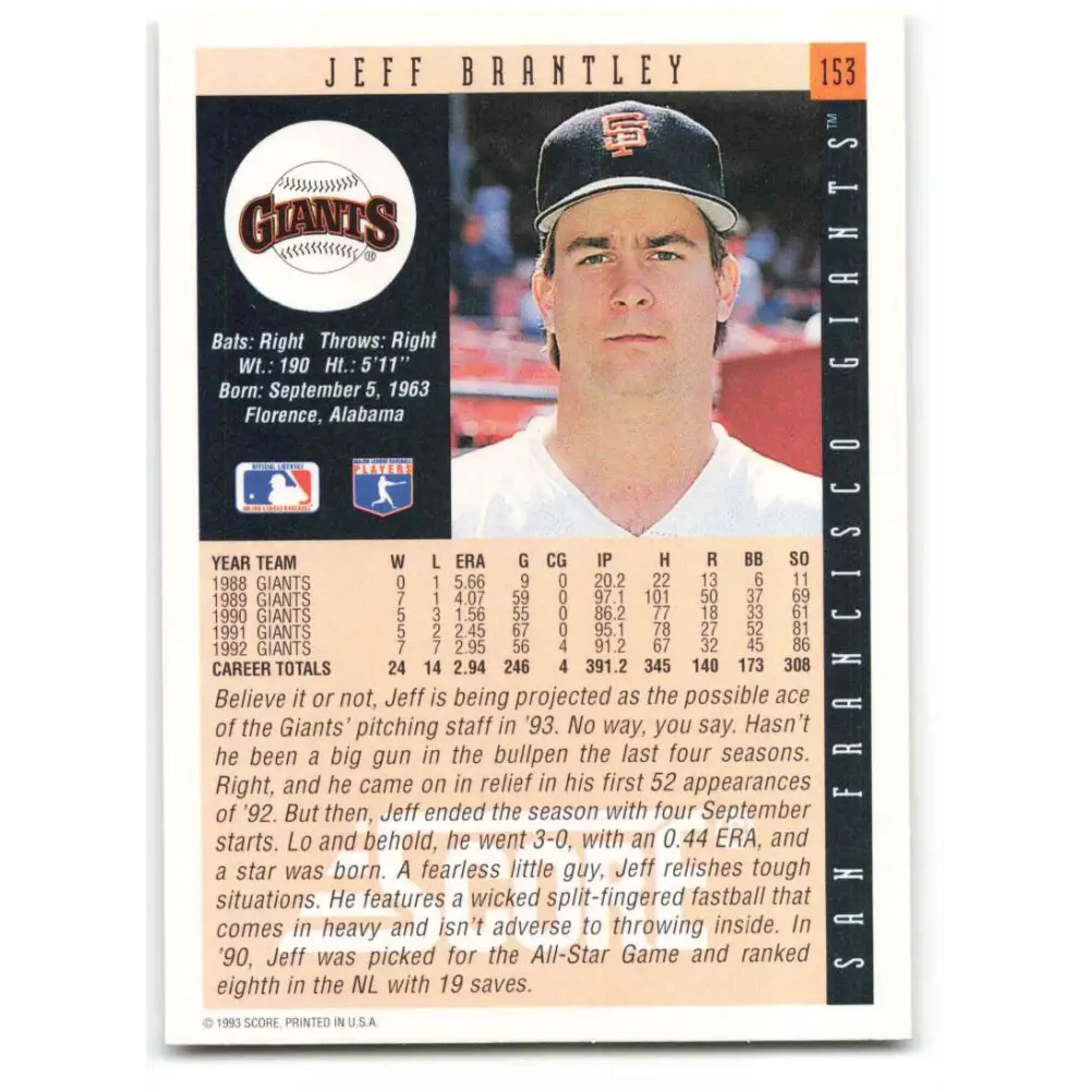 1993 Score #153 Jeff Brantley NM-MT San Francisco Giants Baseball Card Image 2