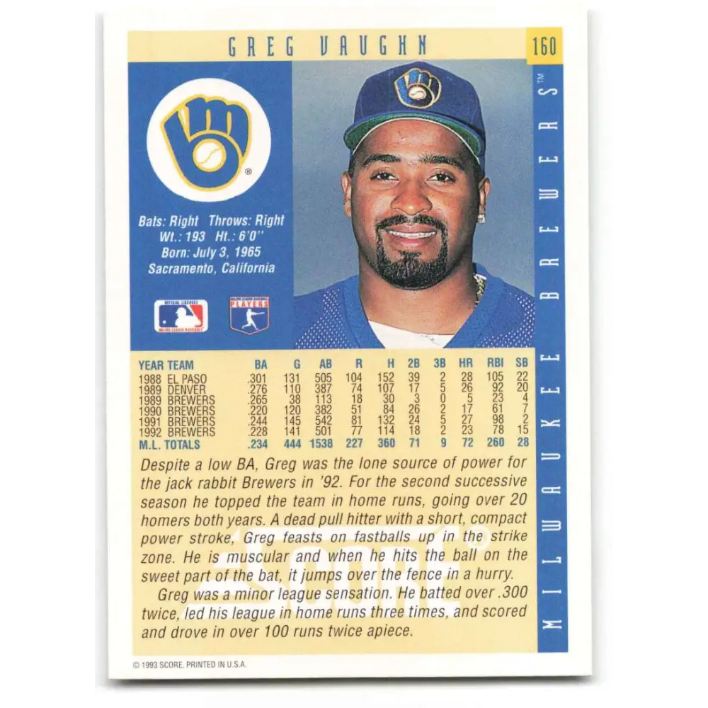 1993 Score #160 Greg Vaughn NM-MT Milwaukee Brewers Baseball Card Image 2
