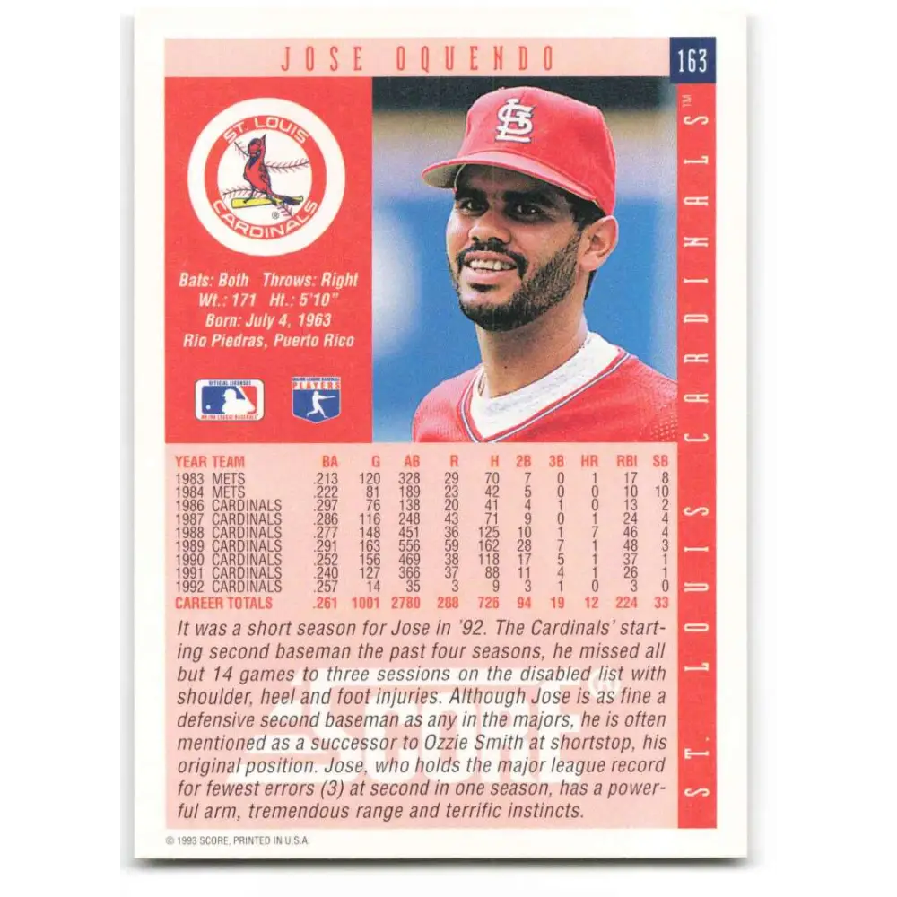 1993 Score #163 Jose Oquendo NM-MT St. Louis Cardinals Baseball Card Image 2