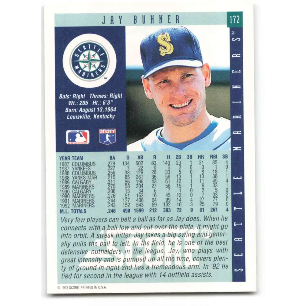 1993 Score #172 Jay Buhner NM-MT Seattle Mariners Baseball Card Image 2
