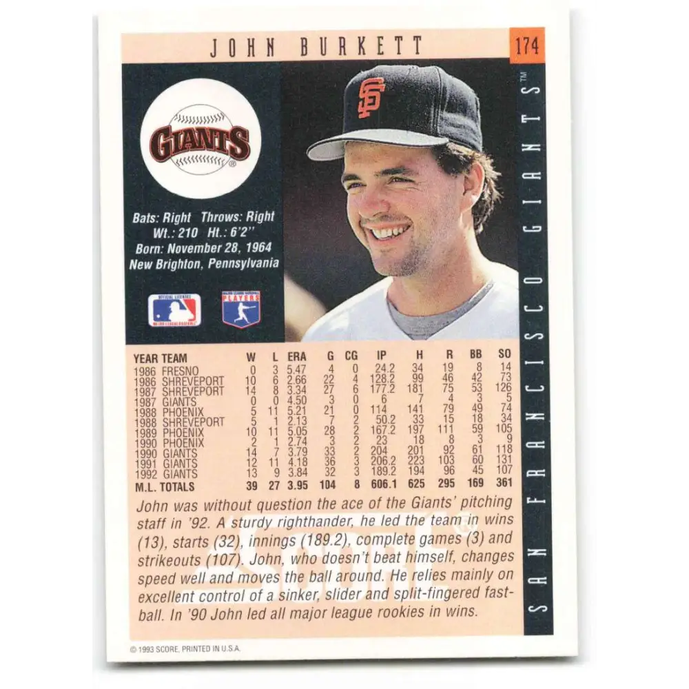 1993 Score #174 John Burkett NM-MT San Francisco Giants Baseball Card Image 2